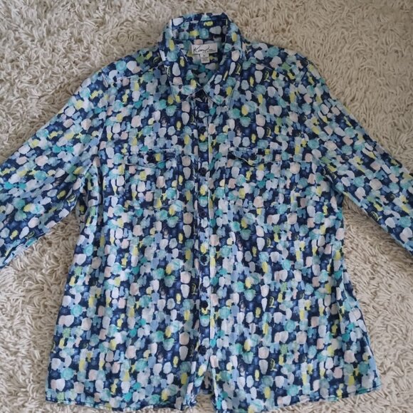 Kim Rogers Petite Large Linen Button Front Shirt Blue Green Abstract Print Roll - Picture 1 of 5